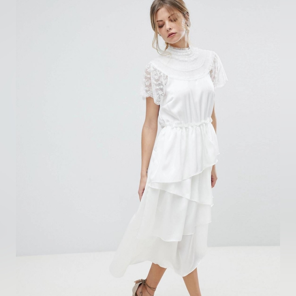Y.A.S High Neck Lace Midi Dress With Asymmetric Hem In White Size EU S UK 8 Boho